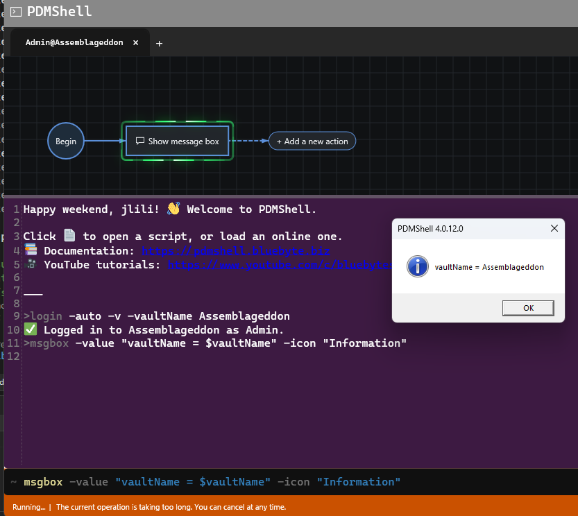 msgbox command showing the evaluated vaultName placeholder