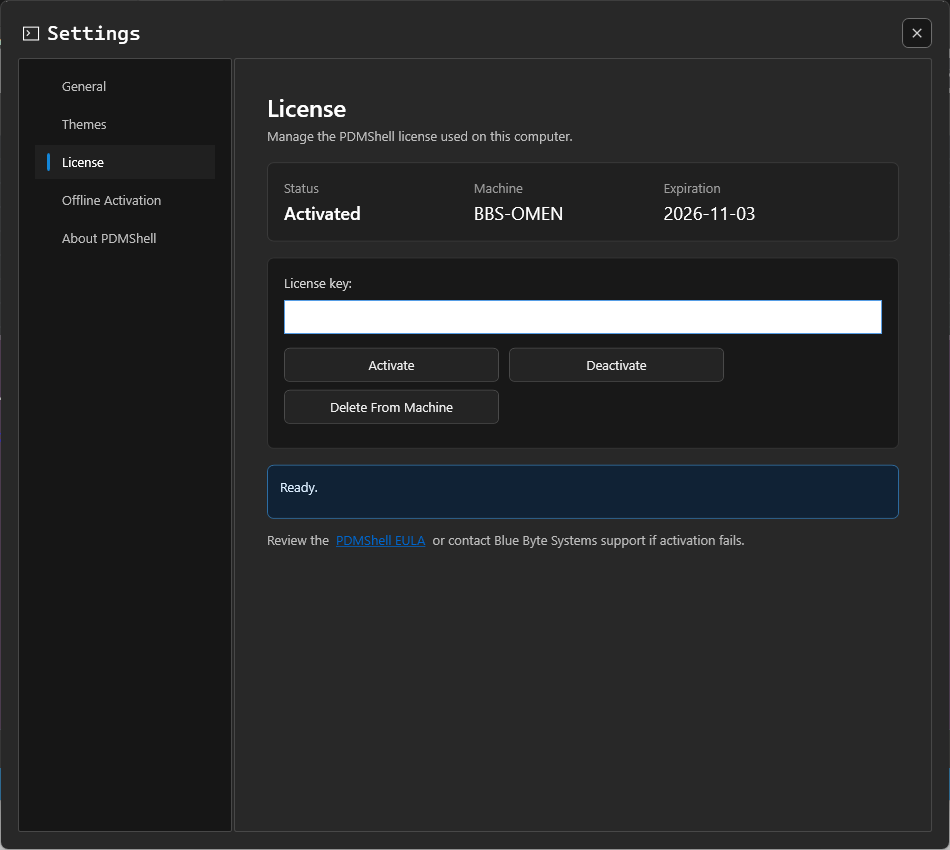 PDMShell License settings page