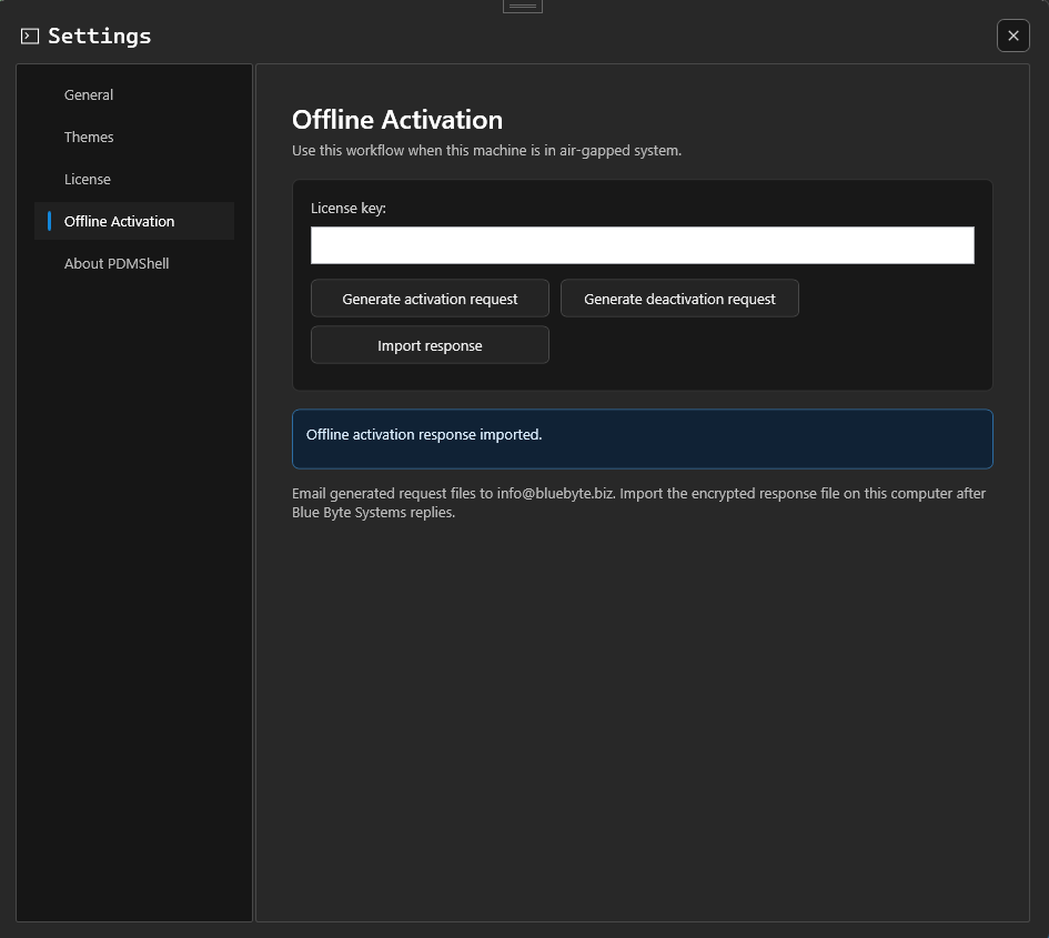 PDMShell Offline Activation settings page