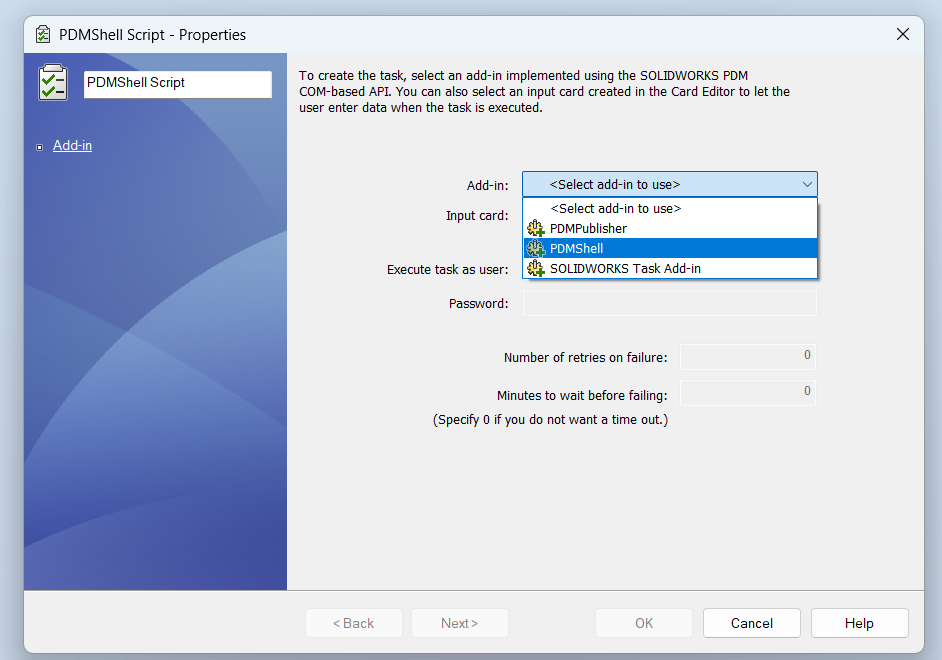 PDMShell task add-in selection