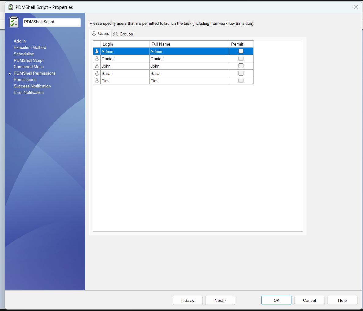PDMShell task permissions page