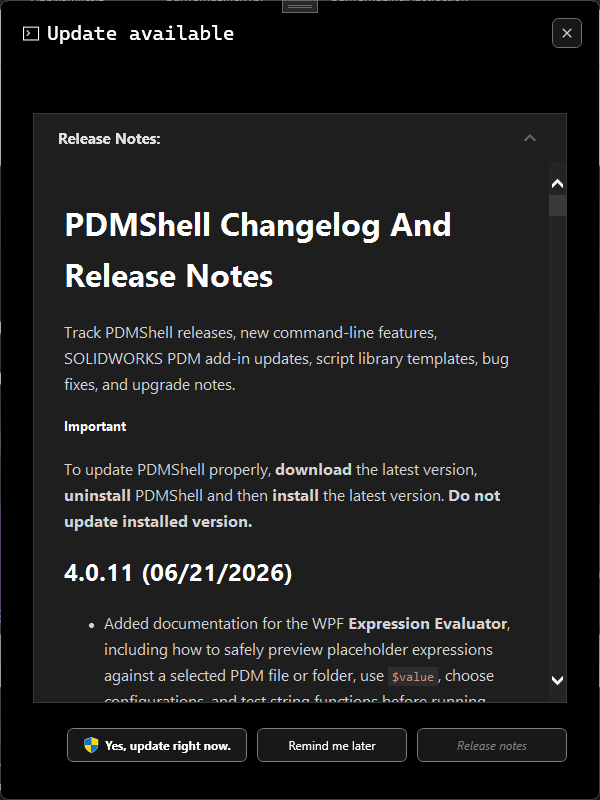 PDMShell update available dialog