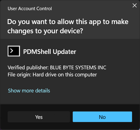 Windows User Account Control prompt for PDMShell Updater